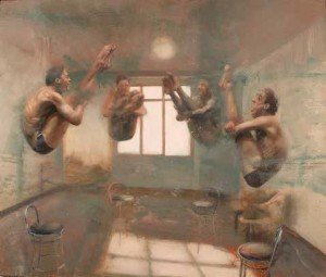 Nicola Pucci. Interior with divers 2013. Oil on canvas. 63x74 inches. Andipa Gallery London.